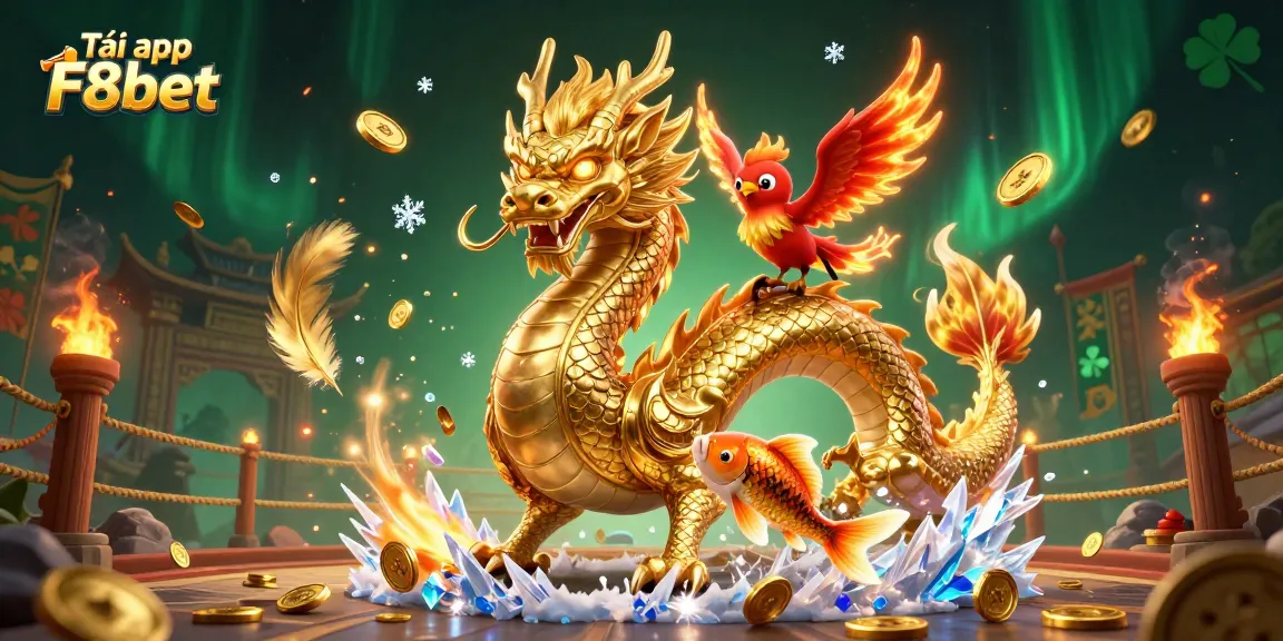 Tải app F8bet enhances your gambling experience with dynamic winning moments featuring a dragon, phoenix, and koi fish.