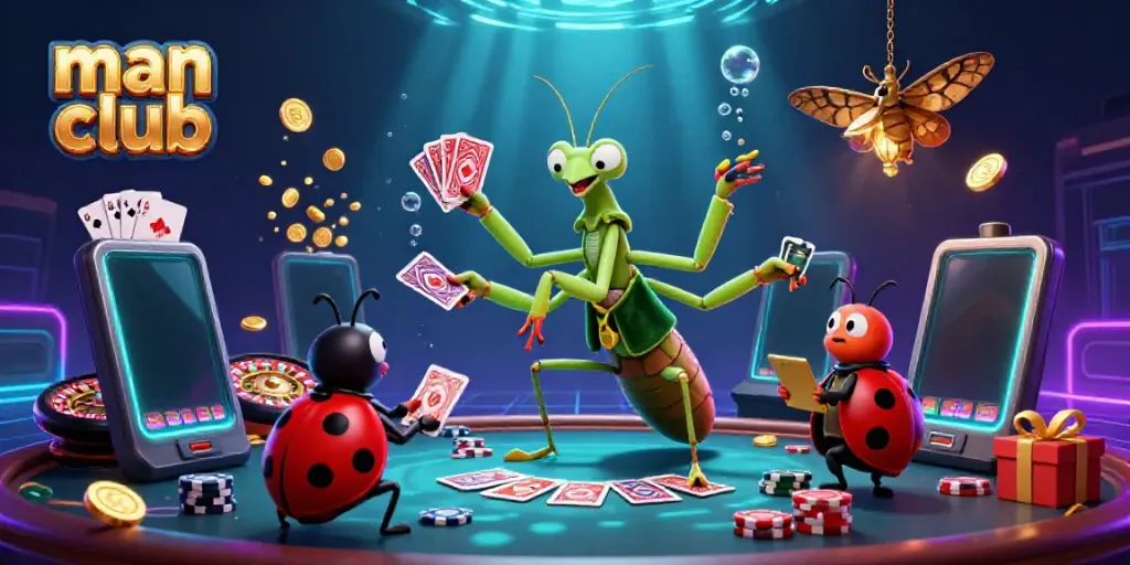The man club scene showcases a giant praying mantis card sharp and ladybug pit boss in a vibrant casino setting.