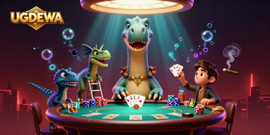 Engage in thrilling poker games with UGDEWA, featuring a whimsical dinosaur casino scene.