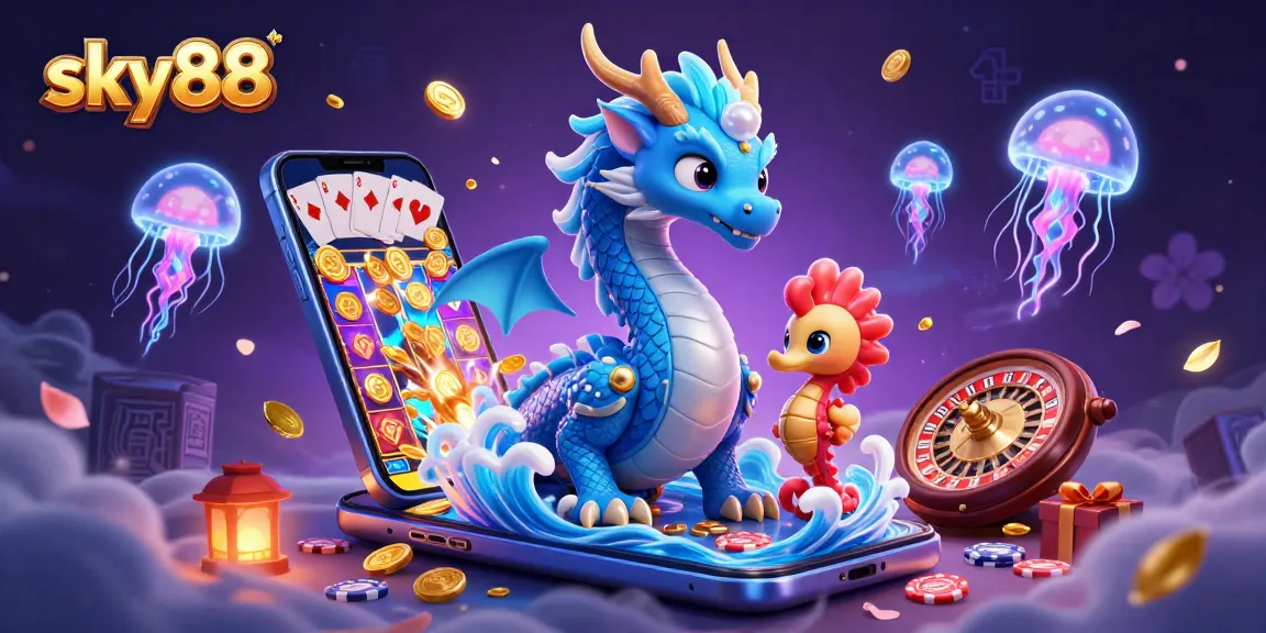 Engage with sky88 as you spin colorful reels in a thrilling casino adventure illustration.