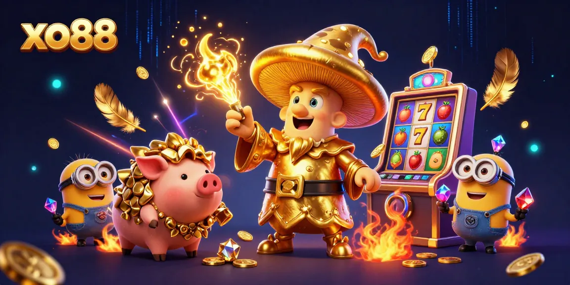 Experience the magic of xo88 with a captivating 3D illustration featuring casino-themed characters and elements.