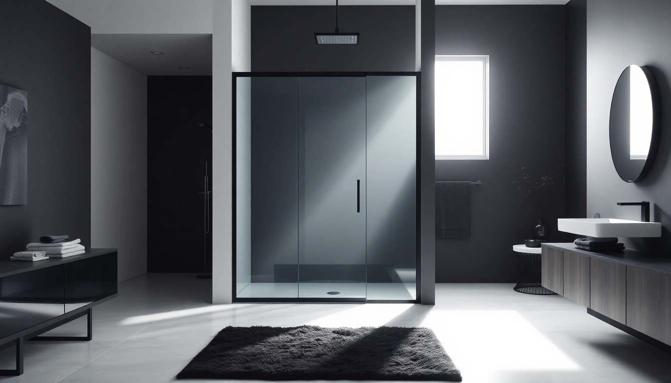 Showcase black shower sliding door enhancing modern bathroom aesthetics.