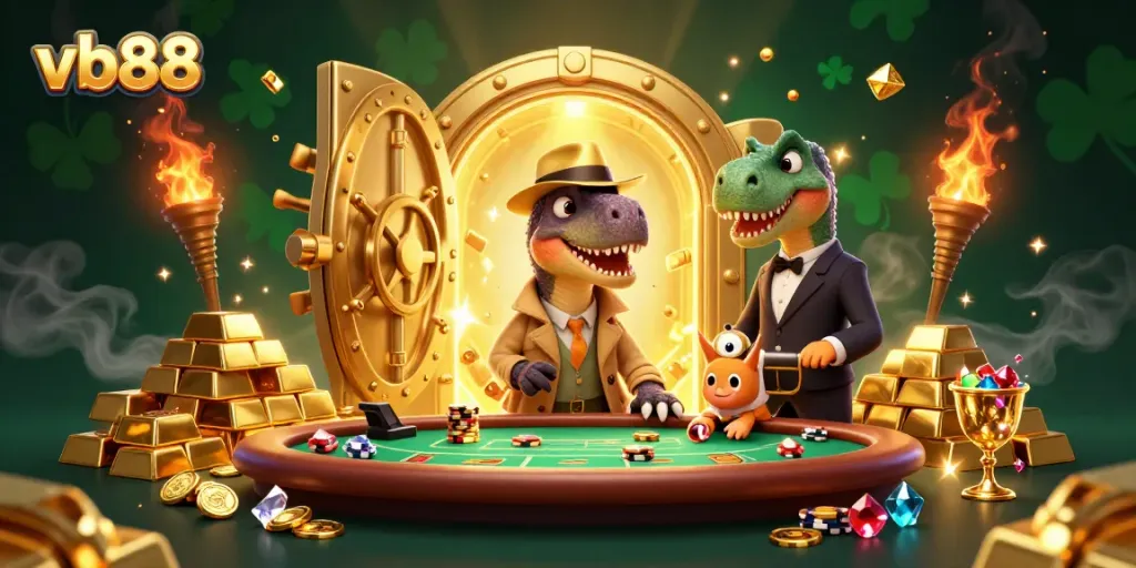 Experience excitement at vb88 with a cartoon velociraptor card counter at a blackjack table.