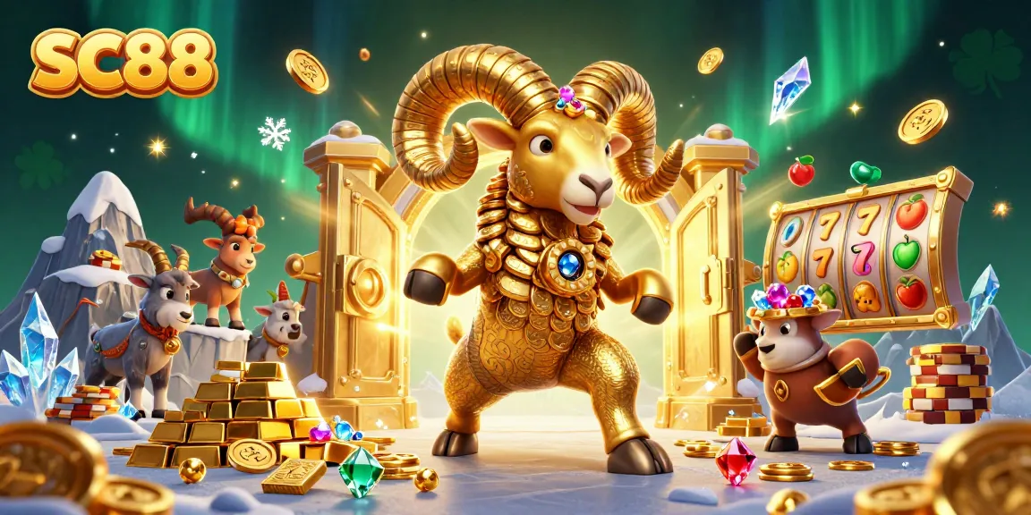 Spin the SC88 slot reels with a golden ram amid dazzling treasures!