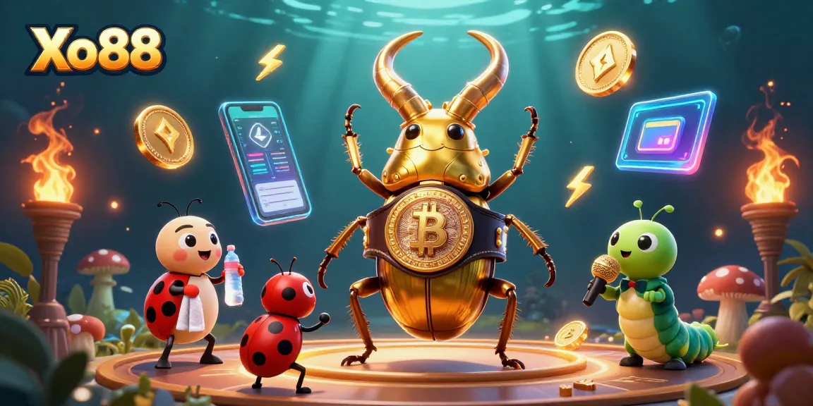 Xo88 showcases a giant beetle boxing match, illuminated by cryptocurrencies in a vibrant scene.