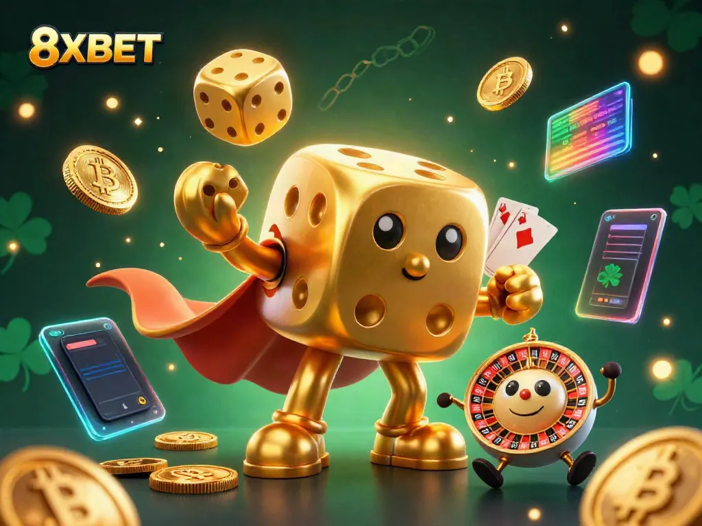 Experience the thrill of 8XBET with a vibrant scene featuring a golden dice golem and crypto elements.