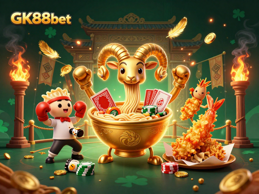 Experience thrilling wins with GK88bet as a giant ramen bowl dealer, surrounded by vibrant casino elements.