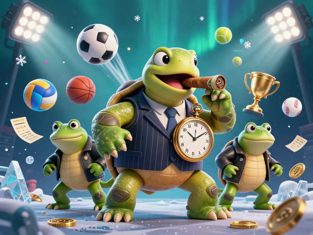 Experience EEJL with a lively casino scene featuring a turtle in a mobster suit and sports-themed elements.
