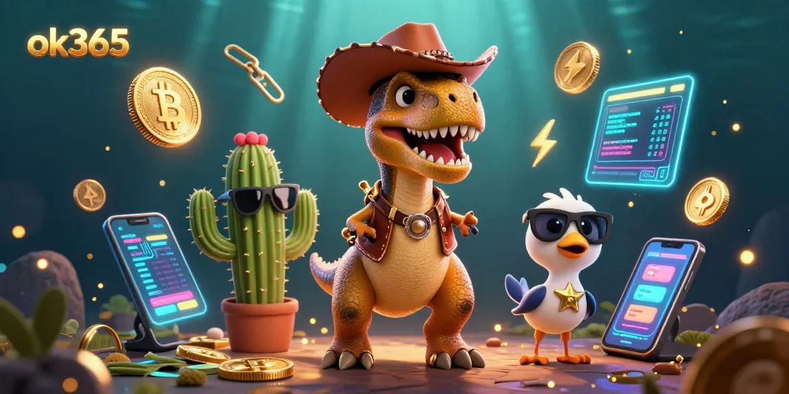 Engage with ok365's exciting gaming experience featuring a cowboy dinosaur and crypto elements.
