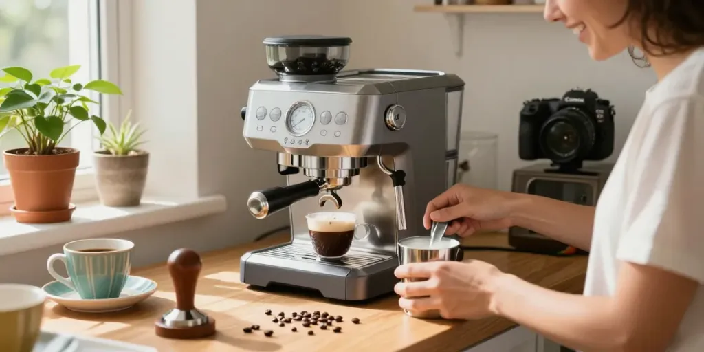 Enjoying the perfect brew with ROKOK88 super espresso machine in a cozy kitchen.