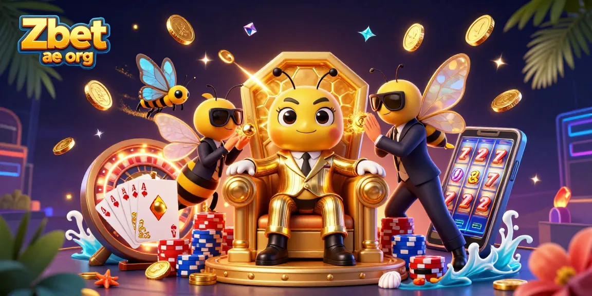 Engage with Zbet ae org in a vibrant casino scene featuring a bumblebee mob boss, exciting games, and sparkling treasures.