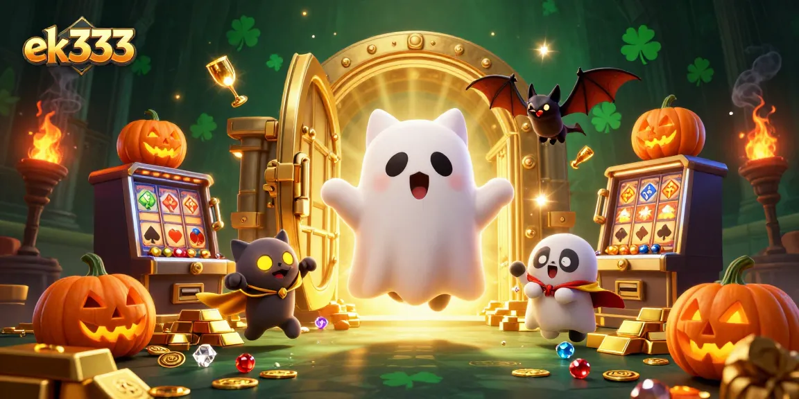Engage with ek333's vibrant casino adventure featuring a ghost cat, slot machines, and treasure galore