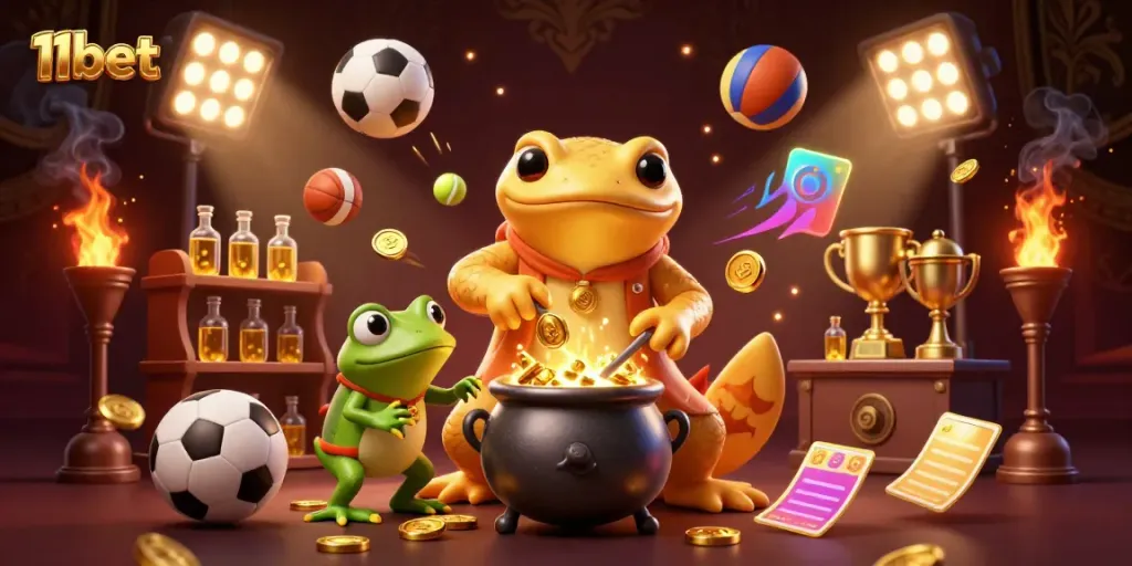 Experience 11bet's dynamic gaming scene with golden elements and energetic sports motifs.