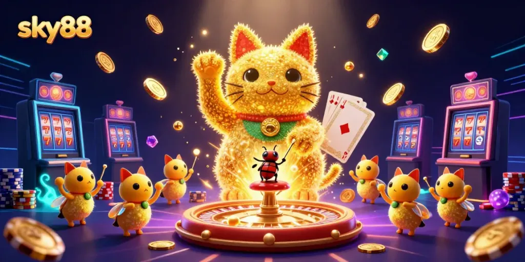 Experience the thrill of sky88 with a dynamic 3D casino scene featuring a lucky cat and vibrant gambling elements.