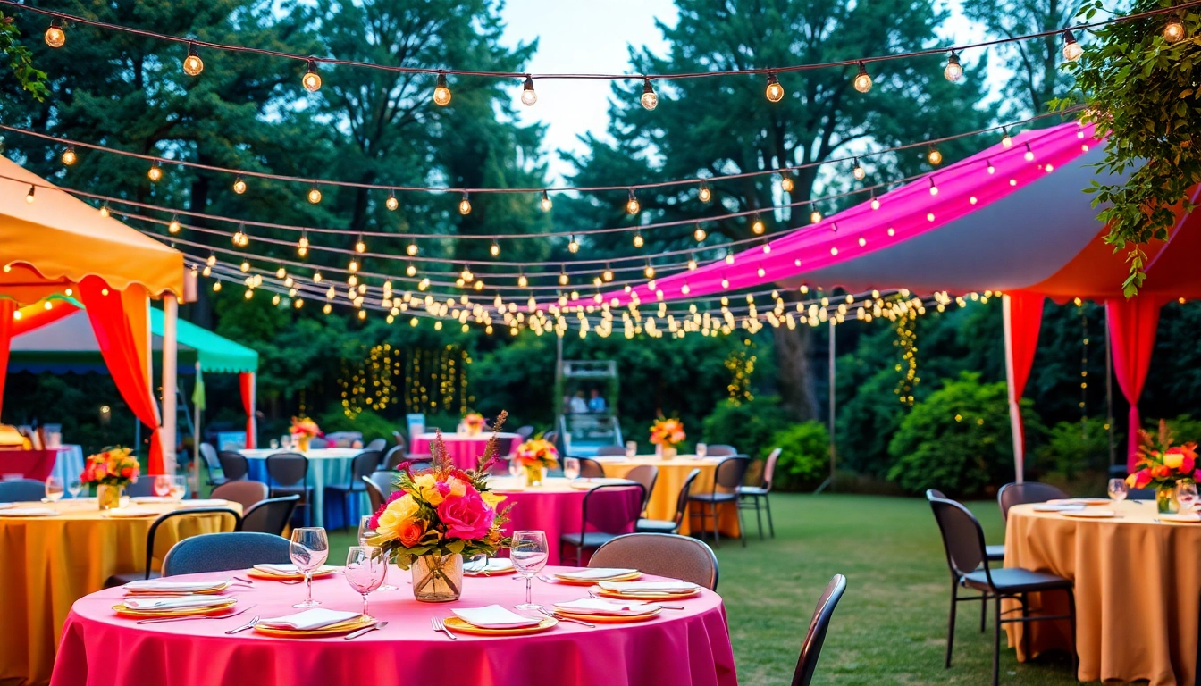 Enjoy outdoor party rentals with beautifully set tables and vibrant decorations in a lush garden.