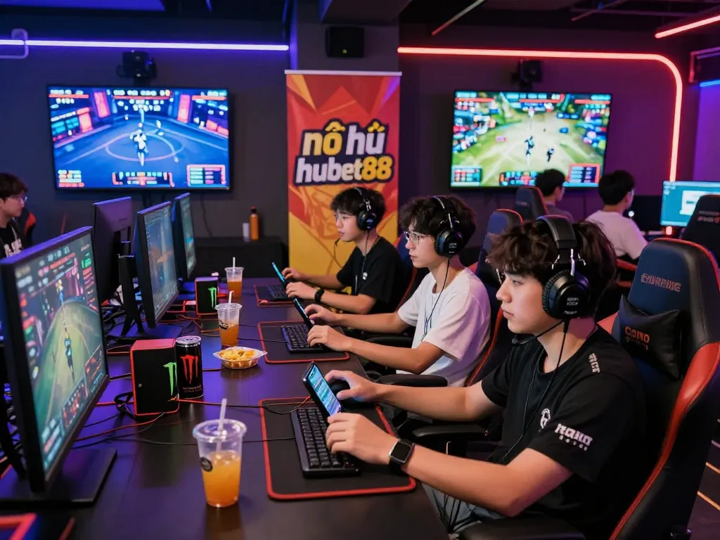 Exciting esports gambling experience at hubet88 with friends cheering for nổ hũ hubet88 during live matches.