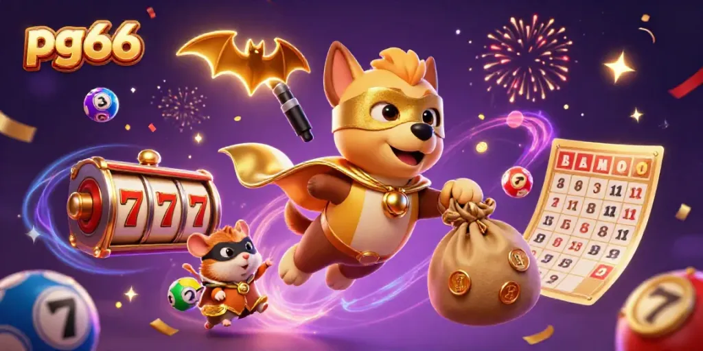 Experience the excitement of pg66 with a superhero dog and hamster amidst casino elements.