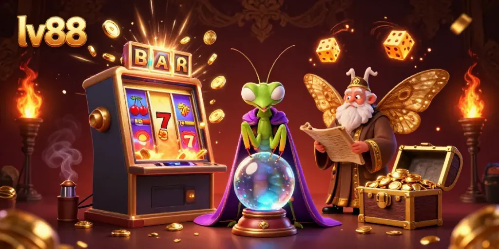 Engage with vibrant lv88 casino games featuring a cartoon praying mantis fortune teller and golden elements.