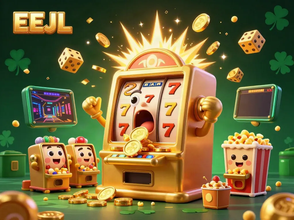 Hit the jackpot with EEJL's golden slot machine bursting with coins and colorful game icons.