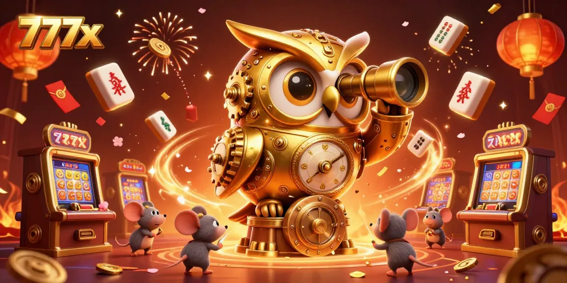 Immerse in casino action with a lively 777x golden owl scene, scanning slot machines and festive elements.