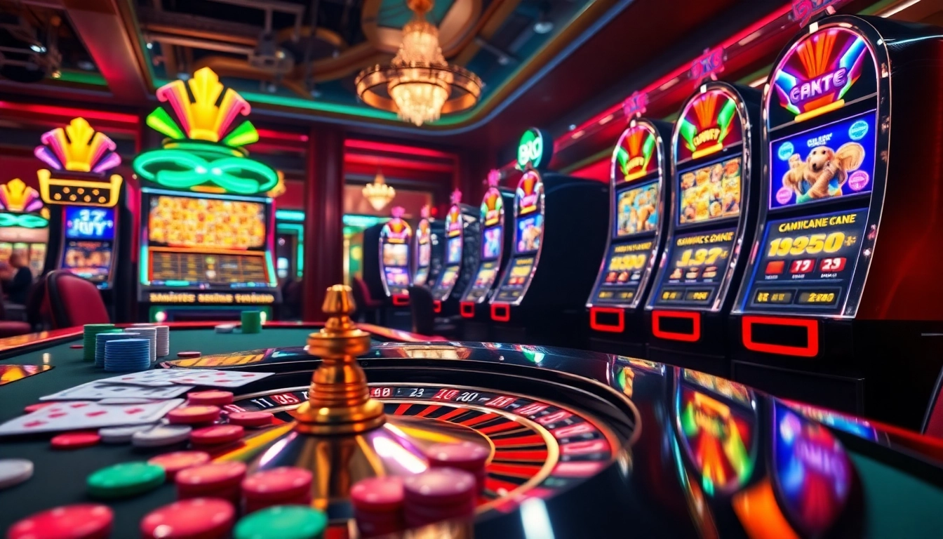 Experience the thrill of betting at 8k8 with vibrant casino tables, roulette wheels, and slot machines.