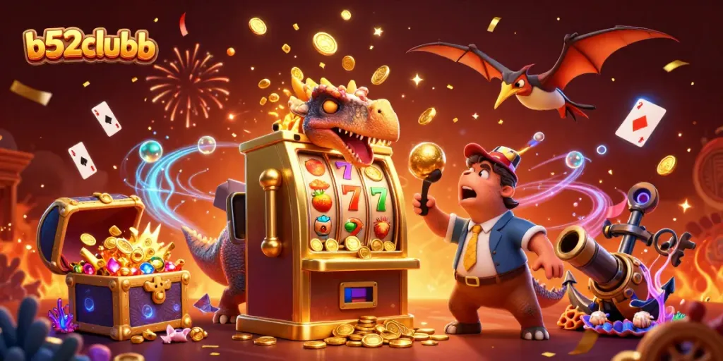 b52clubb features a vibrant scene with a dinosaur winning jackpots at a casino.