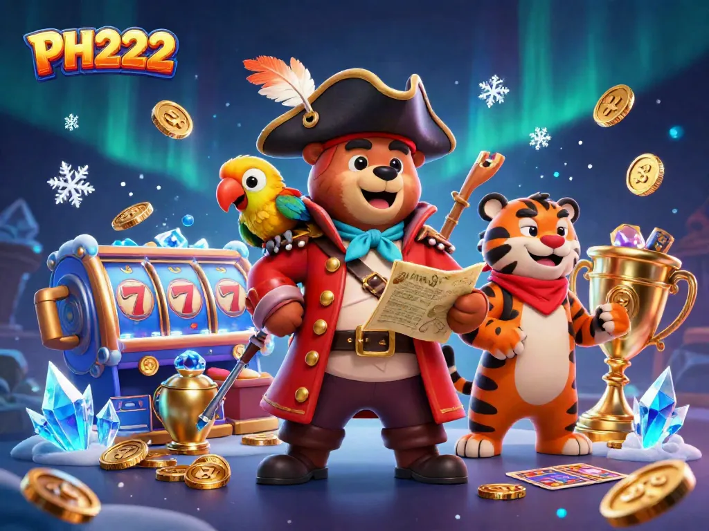 PH222 showcases a colorful pirate-themed casino scene with a bear captain and dynamic gaming elements