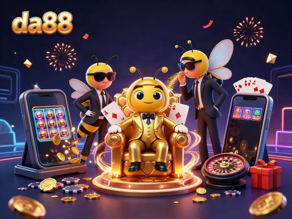Experience da88 gaming with a vibrant scene featuring a bumblebee mob boss, slot games, and festive elements.