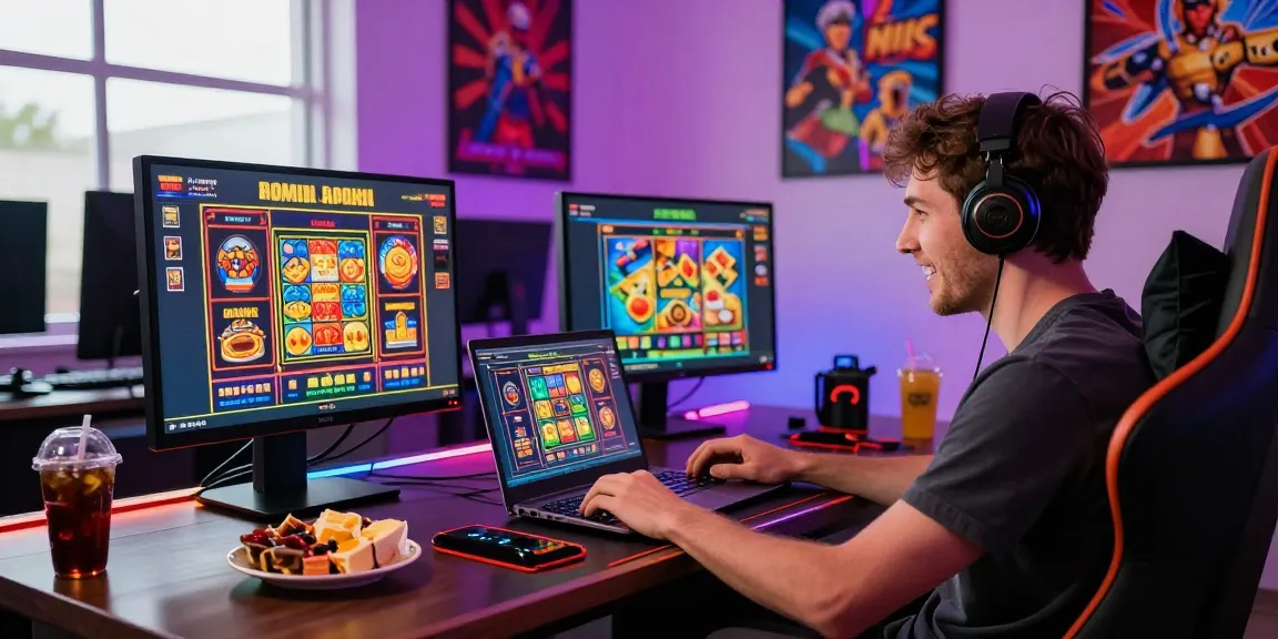 Exploring top international casinos at https://sssk.org.uk, British player engaged at laptop with vibrant gaming options.