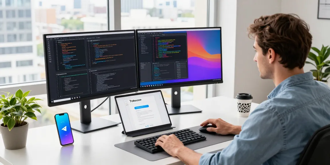 Developer at modern workspace coding Telegram Download with dual monitors and city view.
