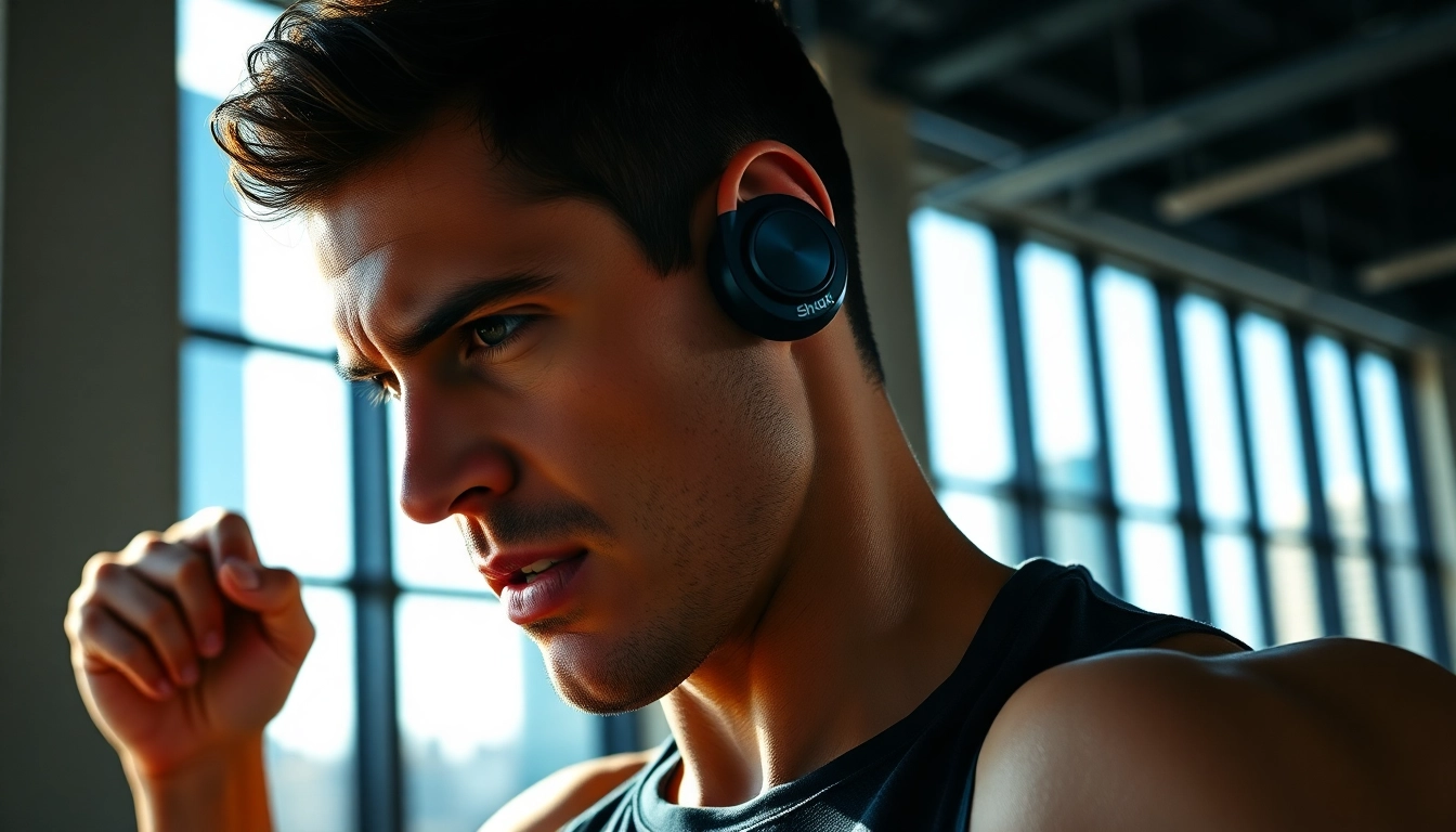 Enhance your workout with Shokz headphones worn by an athlete in an urban gym.
