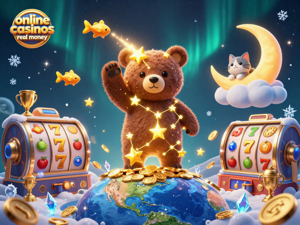 Engage with online casinos real money through this vibrant 3D casino illustration showcasing a constellation bear and captivating game elements.