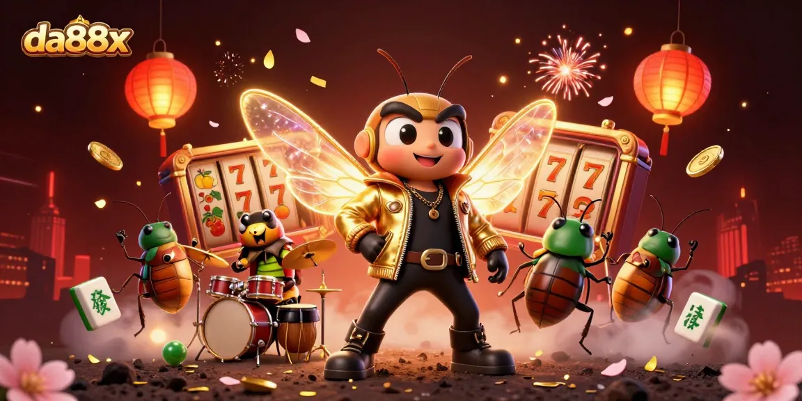 Experience the thrill of da88x with a lively casino rock star band in a vibrant 3D casino illustration.
