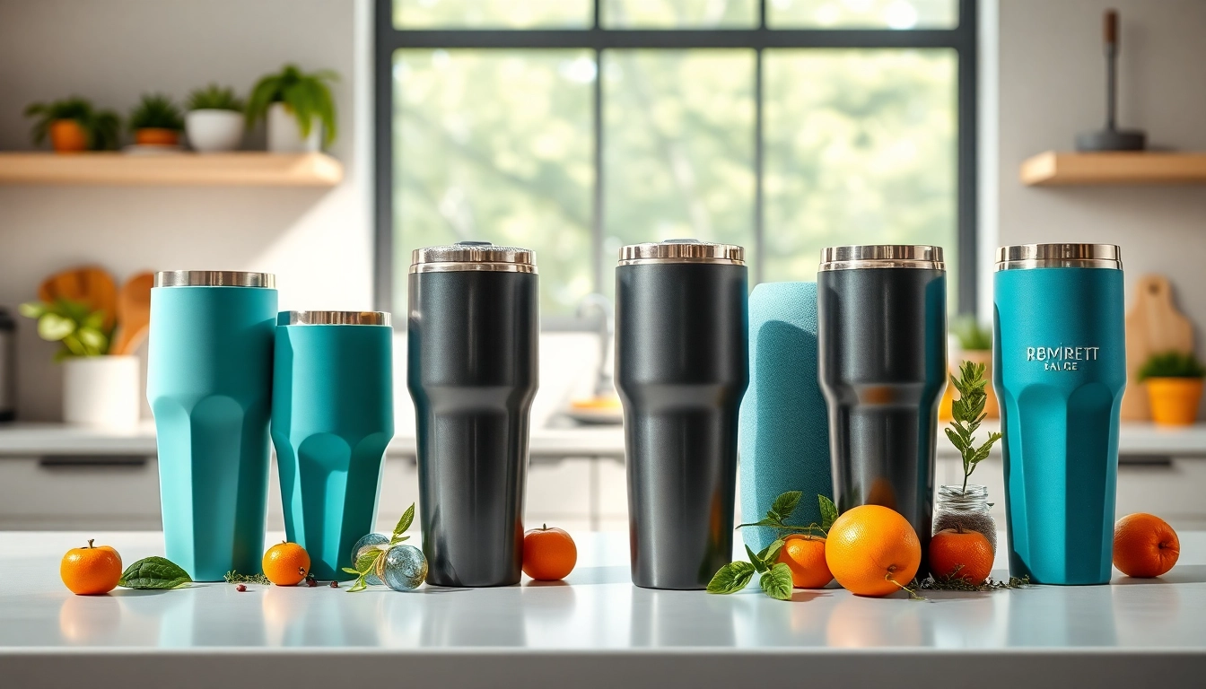 Showcase vibrant tumblers on a sleek countertop with unique designs and fresh props.