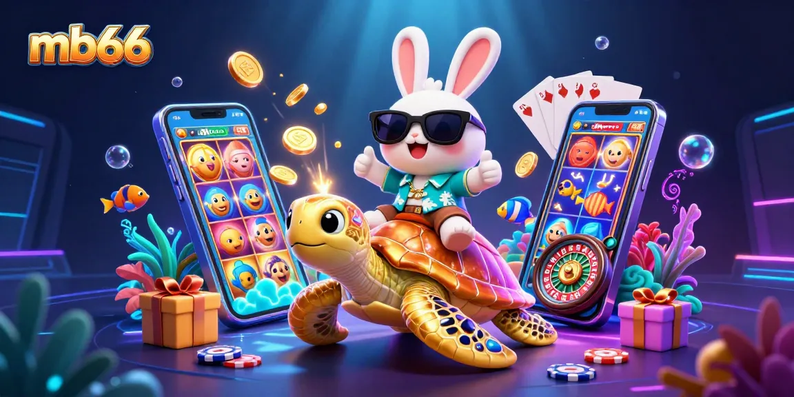 Spin the reels and win big at mb66 with this vibrant casino adventure featuring a lucky rabbit and golden turtle.