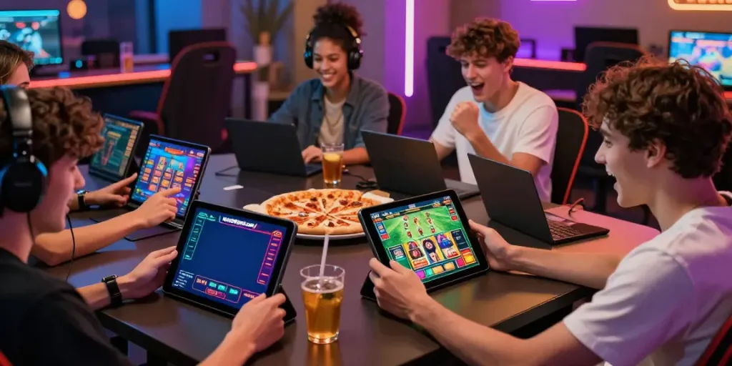 Group of friends enjoying online gaming at https://man88pro.com/ with vibrant screens and snacks.
