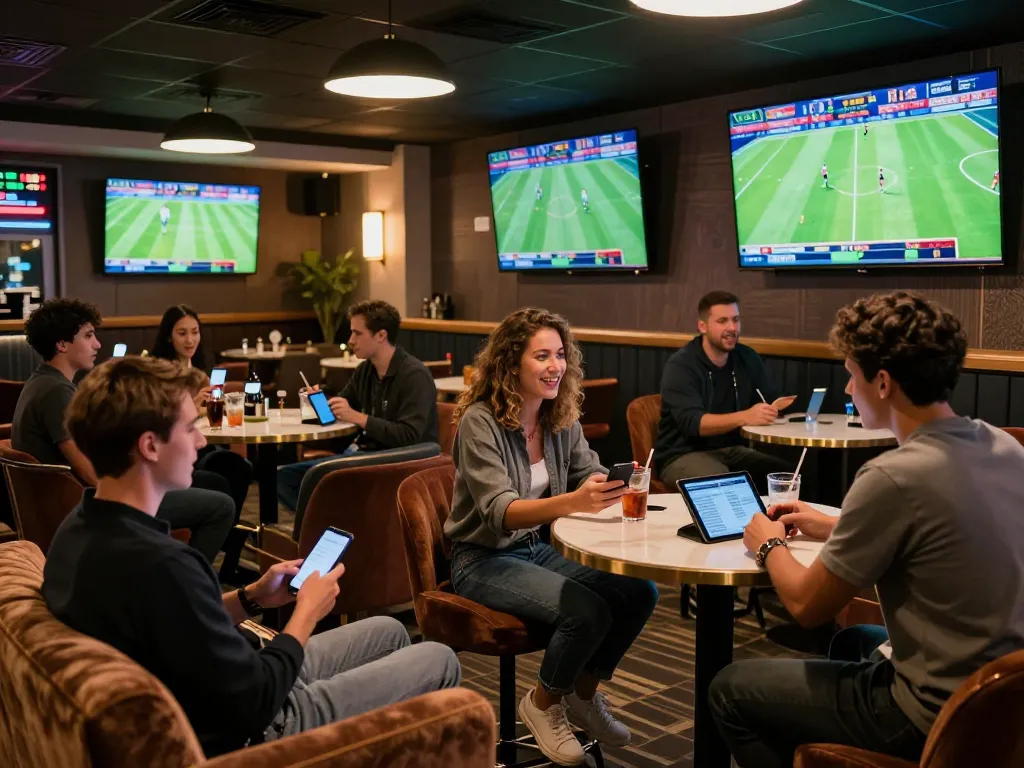 Watch live matches and place bets on kết quả bóng đá using mobile apps in vibrant sports lounge.