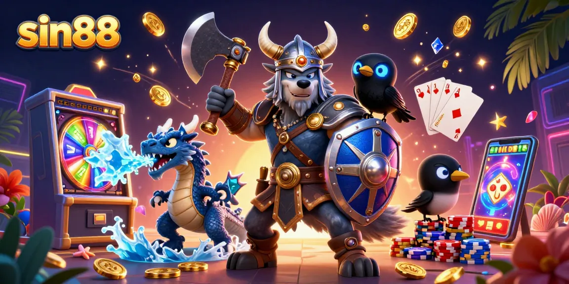 sin88 showcases a Viking wolf warrior, fierce dragon, and glowing raven amidst dynamic casino elements.