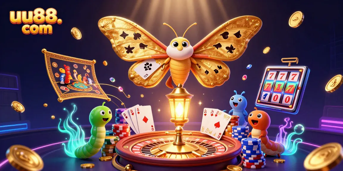 Engage with casino excitement at uu88. com featuring vibrant casino elements and a majestic moth.