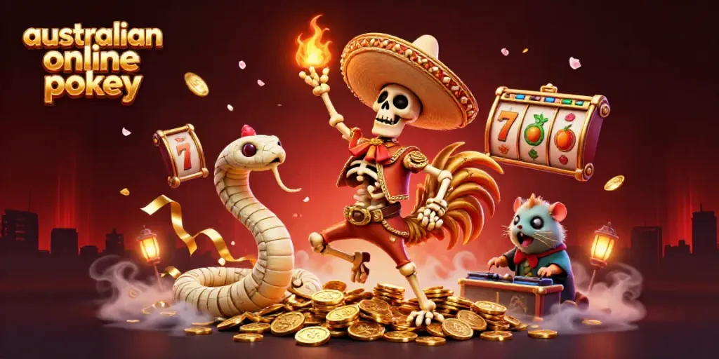 Experience thrilling australian online pokies action with festive characters dancing on gold coins.