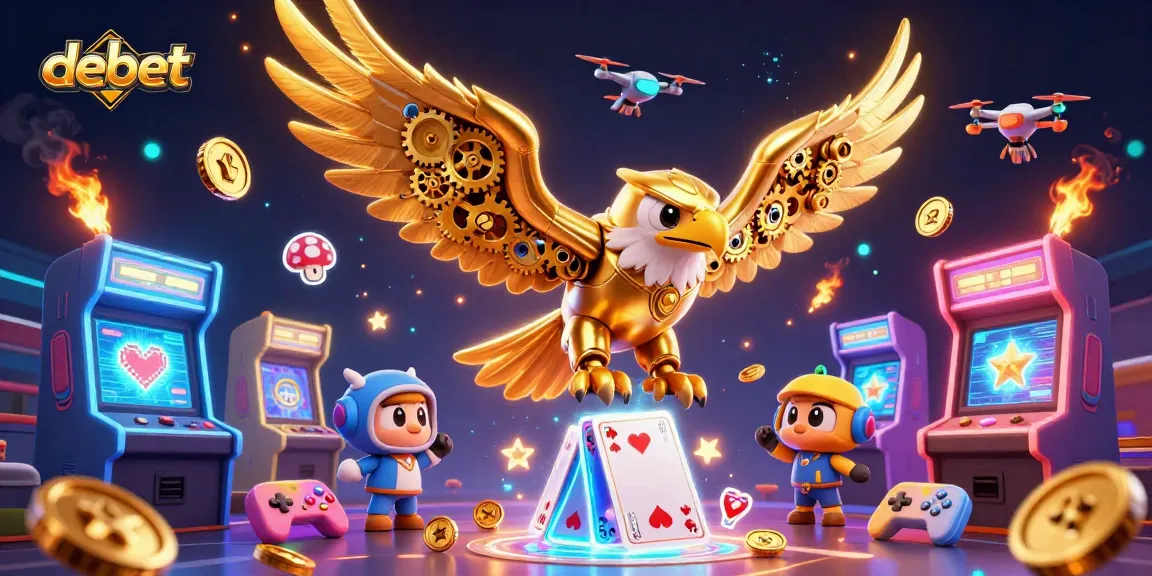Experience debet gaming with a cybernetic eagle soaring through holographic cards and vibrant 3D arcade elements.