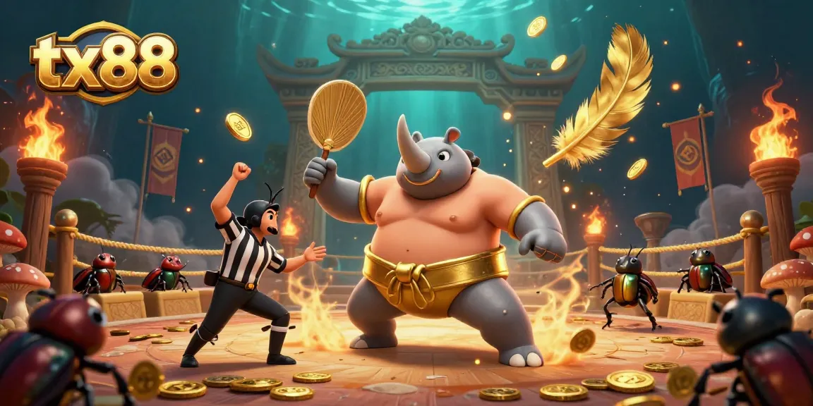Experience exciting battles at tx88 casino, featuring a dynamic beetle-themed arena with flying coins.