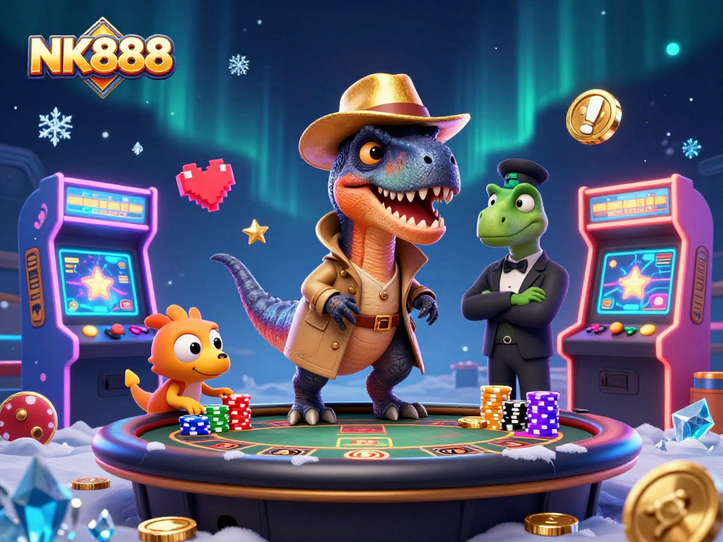 Engaging NK888 gameplay scene featuring a velociraptor card counter surrounded by casino elements and colorful arcade games.