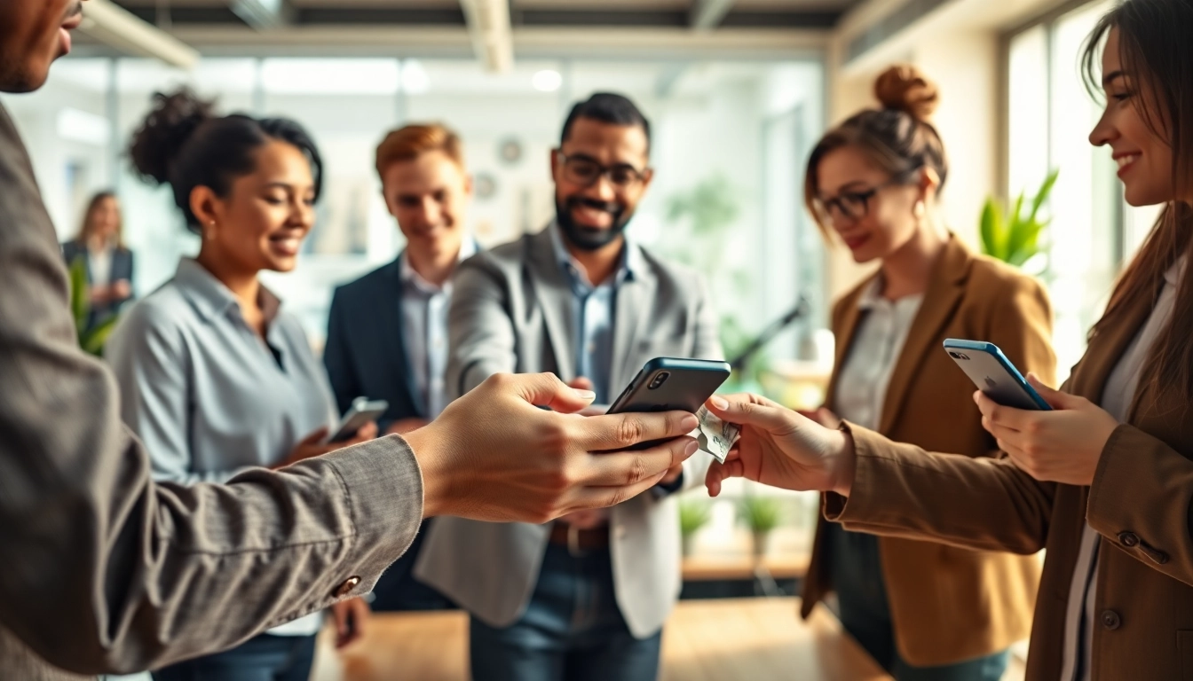 Sell Phone Today Cash with professional smartphone exchange in a vibrant office.