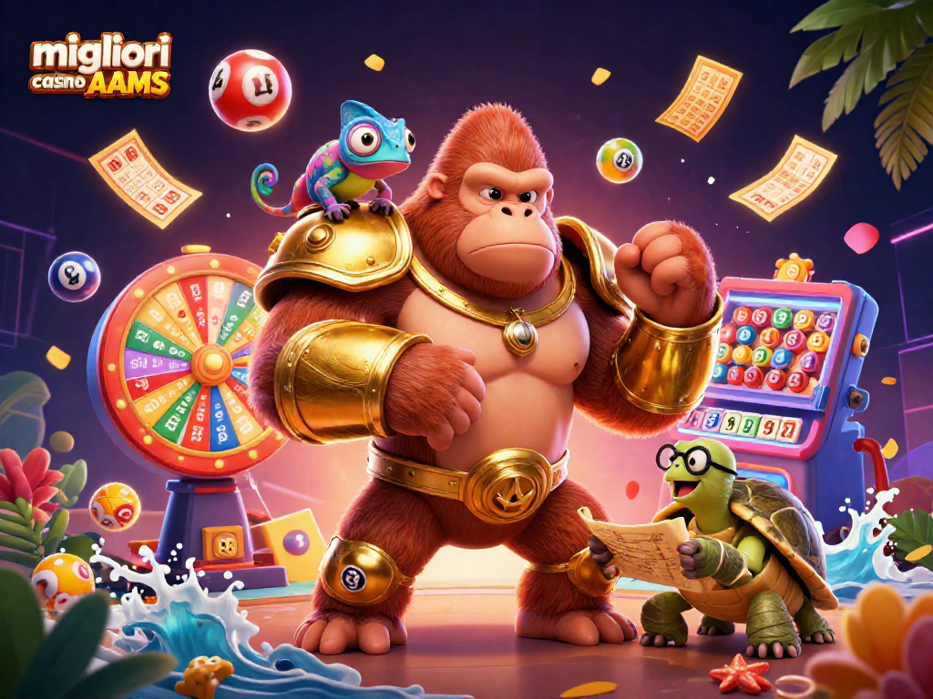 Giocare nei migliori casino non AAMS: una scena dinamica con personaggi e giochi emozionanti.