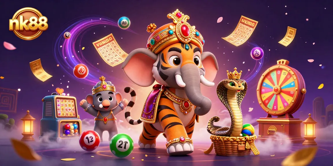 Catch the excitement of nk88 with a vibrant scene featuring lottery balls, an elephant, and a royal tiger.