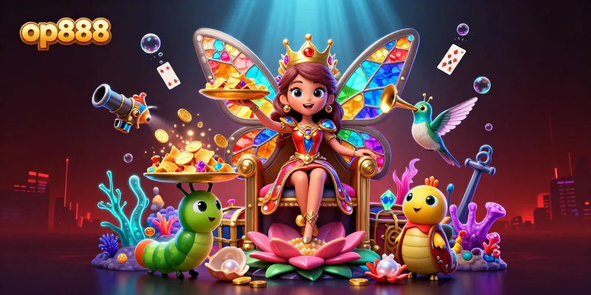 Experience vibrant op888 gaming with a butterfly queen amidst underwater treasures and casino icons.
