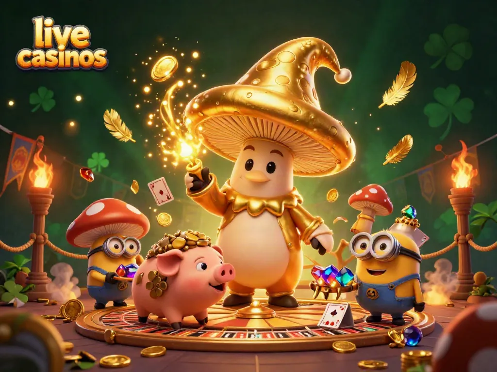 Engage in action-packed live casinos with a vibrant wizard scene, showcasing game elements in motion.