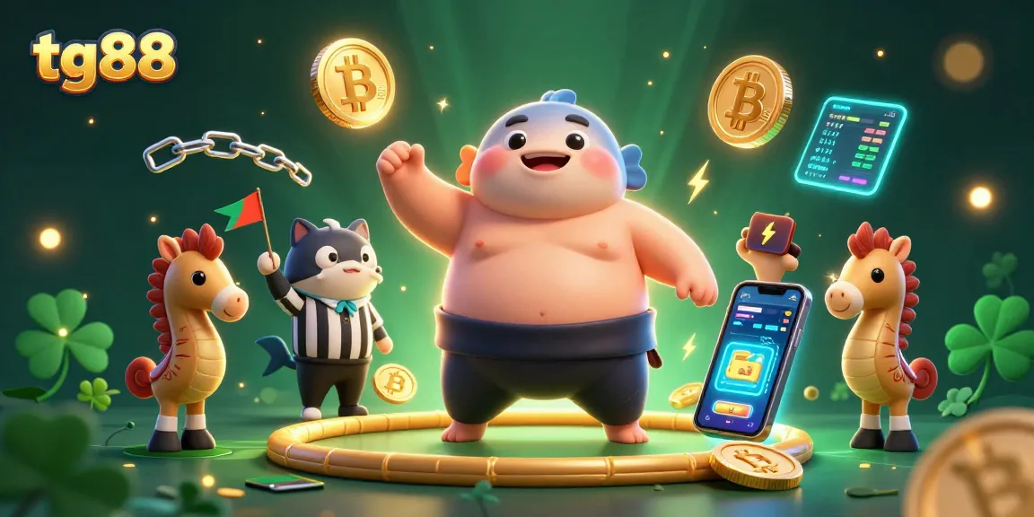 Engage with tg88's thrilling underwater casino world, featuring a blowfish in a sumo belt and vibrant crypto elements.