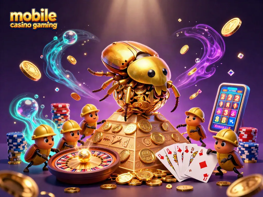 Engage in mobile casino gaming with dynamic 3D golden beetles and casino symbols in a vibrant scene.